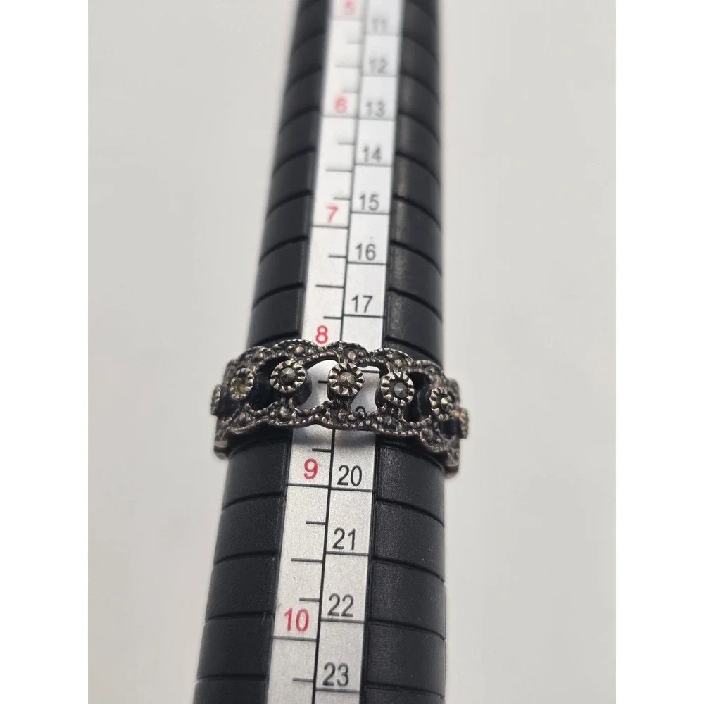 Vintage 925 Sterling Silver Marcasite Filigree Scalloped Band Ring Size 8.5